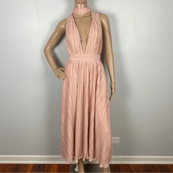 NBD REVOLVE PINK PLUNGING V-NECK PLEATED MIDI DRESS - Picture 2 of 10